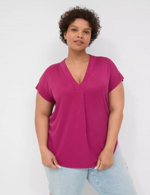 Lane Bryant Cap-Sleeve V-Neck Pleat-Front Top Women T Shirts Purple | FYB6985NA