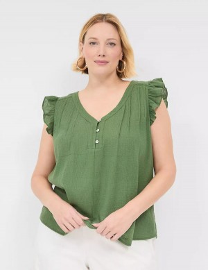 Lane Bryant Cap-Sleeve Woven & Knit Top Women T Shirts Brown Green | ZZD5516QY