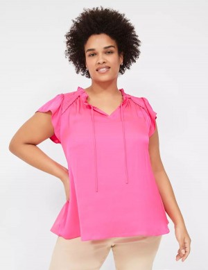 Lane Bryant Cap Flutter-Sleeve Satin & Knit Top Women T Shirts Pink | FLM7826RK