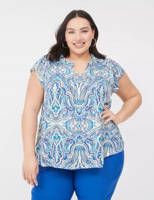 Lane Bryant Cap Flutter-Sleeve Satin & Knit Top Women T Shirts Blue | KCR8137AO