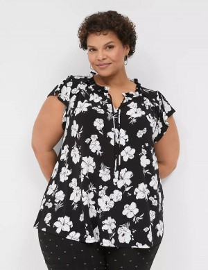 Lane Bryant Cap Flutter-Sleeve Top Women T Shirts Black White | NPJ6838SQ