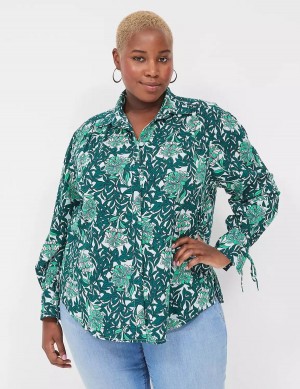 Lane Bryant Collared Button-Front Tie-Cuff Women Blouse Green Multicolor | UBJ7269CP