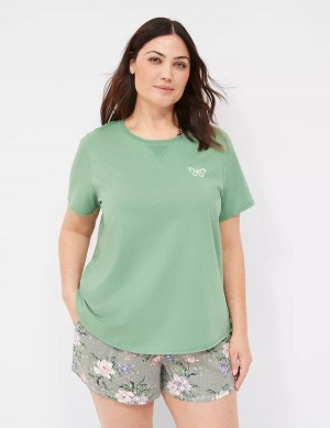 Lane Bryant Comfy Cotton Rib-Trim Tee & Short PJ Set Women Pajamas Green Multicolor | ZDI834CK