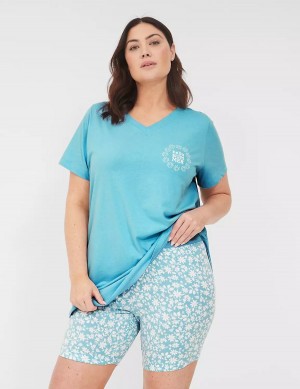 Lane Bryant Comfy Cotton Tee & Bike Short PJ Set Women Pajamas Blue Multicolor | NJG379HY