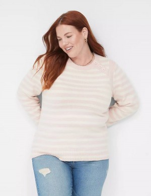 Lane Bryant Crew-Neck Button-Shoulder Stripe Women Sweaters Coral | TQU2062BC