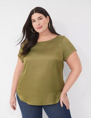 Lane Bryant Crew-Neck Satin & Knit Top Women T Shirts Green | HFW6227HQ