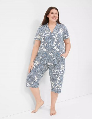 Lane Bryant DreamyCool Short-Sleeve Shirt & Crop Pant PJ Set Women Pajamas Blue Multicolor | QWU2553PE