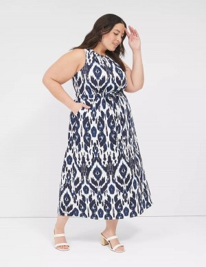 Lane Bryant Elastic-Neck Tie-Waist Women Midi Dress Navy | HYD5323LU