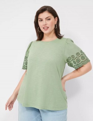 Lane Bryant Eyelet-Sleeve Crew-Neck Knit Tee Women Tank Top Light Green | PVH1670FJ