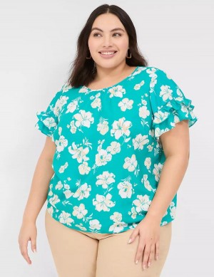 Lane Bryant Flutter-Sleeve Crew-Neck Top Women T Shirts Turquoise | SOB5122BV