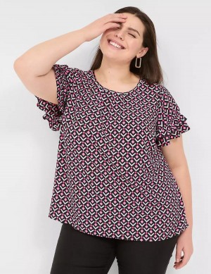 Lane Bryant Flutter-Sleeve Crew-Neck Top Women T Shirts Pink Navy | ZDV7754KP