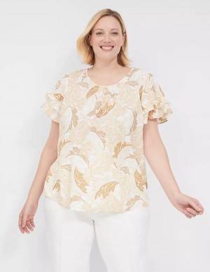 Lane Bryant Flutter-Sleeve Crew-Neck Top Women T Shirts Brown Multicolor | ESQ5720YO