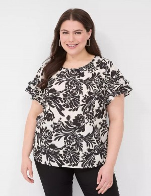 Lane Bryant Flutter-Sleeve Crew-Neck Top Women T Shirts Black | BGM8635VE