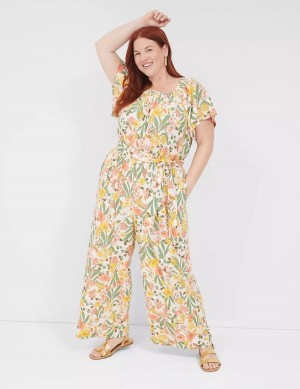 Lane Bryant Flutter-Sleeve Smocked-Neck Wide Leg Women Jumpsuit Yellow Multicolor | YWM9821FH