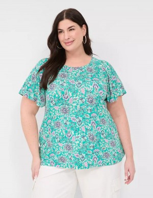 Lane Bryant Flutter-Sleeve Smocked Top Women T Shirts Light Turquoise | BMI45100VZ