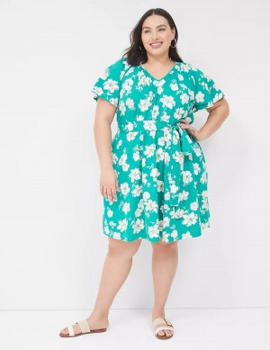 Lane Bryant Flutter-Sleeve Tie-Waist Women Casual Dress Turquoise | KVY2085RO