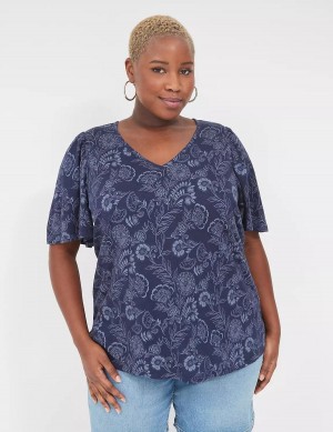 Lane Bryant Flutter-Sleeve V-Neck Top Women T Shirts Navy | DZH582UK