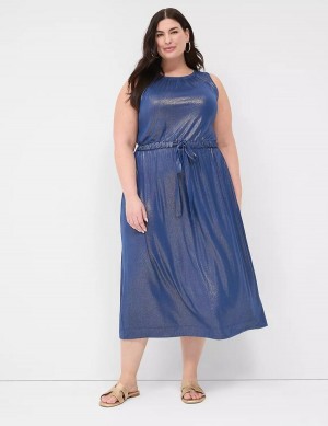 Lane Bryant Foil Shimmer Tie-Waist Women Midi Dress Dark Blue | XGG8491PH