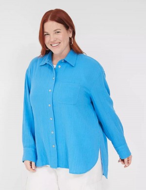 Lane Bryant Gauze Button-Down Beach Top Women Shirts Blue | PEF6234RP