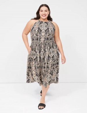 Lane Bryant Halter-Neck Smocked-Waist Jersey Women Midi Dress Black Multicolor | GHC113KM