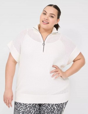 Lane Bryant LIVI Short-Sleeve Half-Zip Mesh Women Sweaters White | IVE6388GY