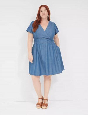 Lane Bryant Lena Denim Surplice-Neck Level-Hem Women Casual Dress Blue | GJR5930BR