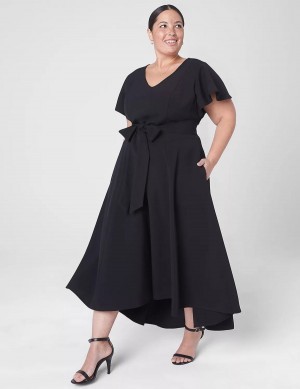 Lane Bryant Lena V-Neck High-Low Women Midi Dress Black | ELE882NS