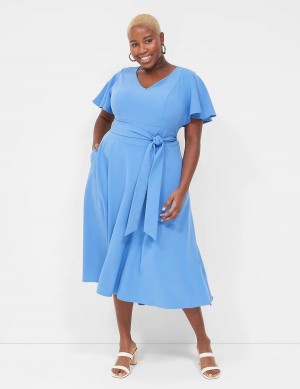 Lane Bryant Lena V-Neck High-Low Women Midi Dress Blue | QIP6313PO