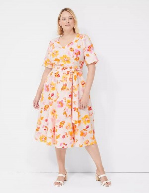 Lane Bryant Lena V-Neck Level-Hem Women Midi Dress Pink Orange | UKZ2377HW