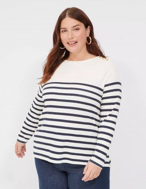 Lane Bryant Long-Sleeve Boatneck Top Women T Shirts Navy Stripes | BAE240OY