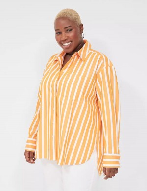 Lane Bryant Long-Sleeve Button-Down Boyfriend Women Shirts Orange Stripes | YZJ884NE