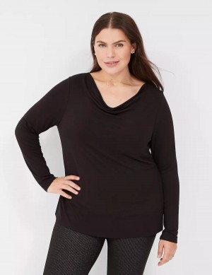 Lane Bryant Long-Sleeve Drape-Neck Top Women T Shirts Black | MRB1395LI