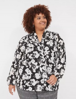 Lane Bryant Long-Sleeve Tie-Neck Popover Women Blouse Black White | GQX6082ZR