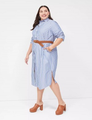 Lane Bryant Long-Sleeveed Midi Women Shirt Dress Blue Stripes | UXF778YO