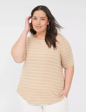 Lane Bryant Lurex Perfect Sleeve Crew-Neck Tee Women T Shirts Brown Stripes | SUX732JU