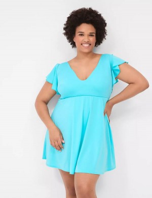 Lane Bryant No-Wire Flutter-Sleeve Swim Women Dress Blue | UFD5321FK