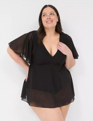 Lane Bryant No-Wire Flutter-Sleeve Swim Women Dress Black | VDC8748TQ