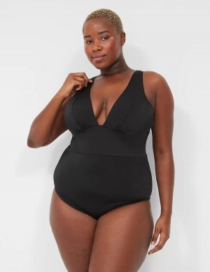 Lane Bryant No-Wire Plunge One-Piece Women Swimsuits Black | WMJ4932EO