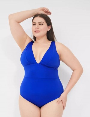 Lane Bryant No-Wire Plunge One-Piece Women Swimsuits Blue | VBJ873QF