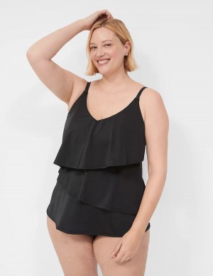 Lane Bryant No-Wire Three-Tier Tankini Women Bikini Top Black | DXR5690QY