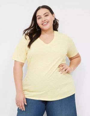 Lane Bryant Perfect Sleeve V-Neck Tee Women T Shirts Yellow Stripes | NBX3711HQ