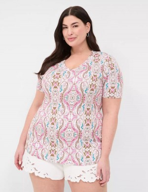 Lane Bryant Perfect Sleeve V-Neck Tee Women T Shirts Pink | GZL5988IE