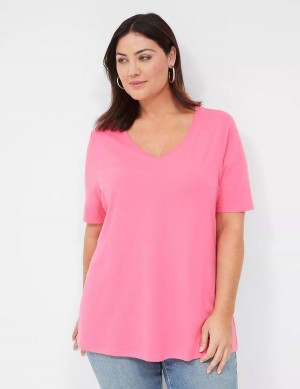 Lane Bryant Perfect Sleeve V-Neck Tee Women T Shirts Fuchsia | MMV1338GY