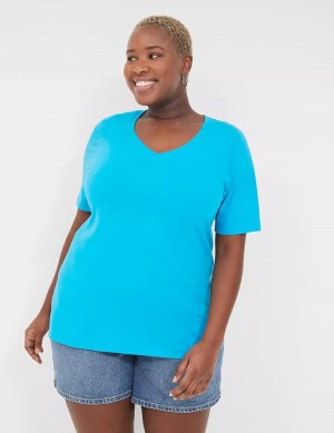 Lane Bryant Perfect Sleeve V-Neck Tee Women T Shirts Blue | FHV6532MT