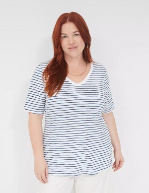 Lane Bryant Perfect Sleeve V-Neck Tee Women T Shirts White Blue | RNW7455ON