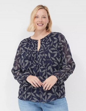 Lane Bryant Pin-Tuck Crew-Neck Women Blouse Navy | CGU8730RC