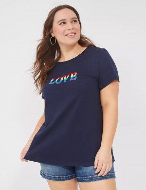 Lane Bryant Pride Embroidered Rainbow Love Graphic Tee Women T Shirts Blue | YEG4696DQ