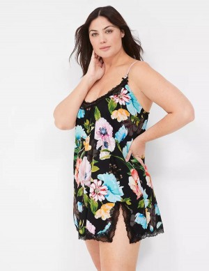 Lane Bryant Printed Lace-Trim Slip Women Dress Black | BOA2093DO