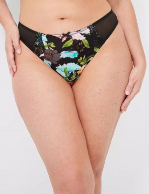 Lane Bryant Printed Lace-Trim Women Thong Panty Black | VYU8691DC