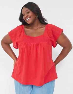 Lane Bryant Relaxed Eyelet-Sleeve Smocked-Neck Top Women T Shirts Red | XEO4872KP